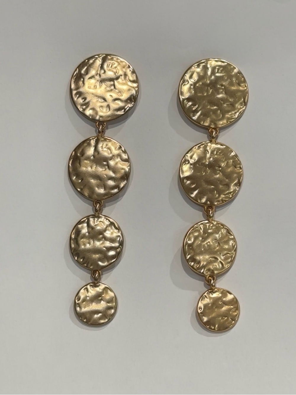 Hammered Cascade Gold Tone Disc Stud Dangle Earrings 3.5” Long